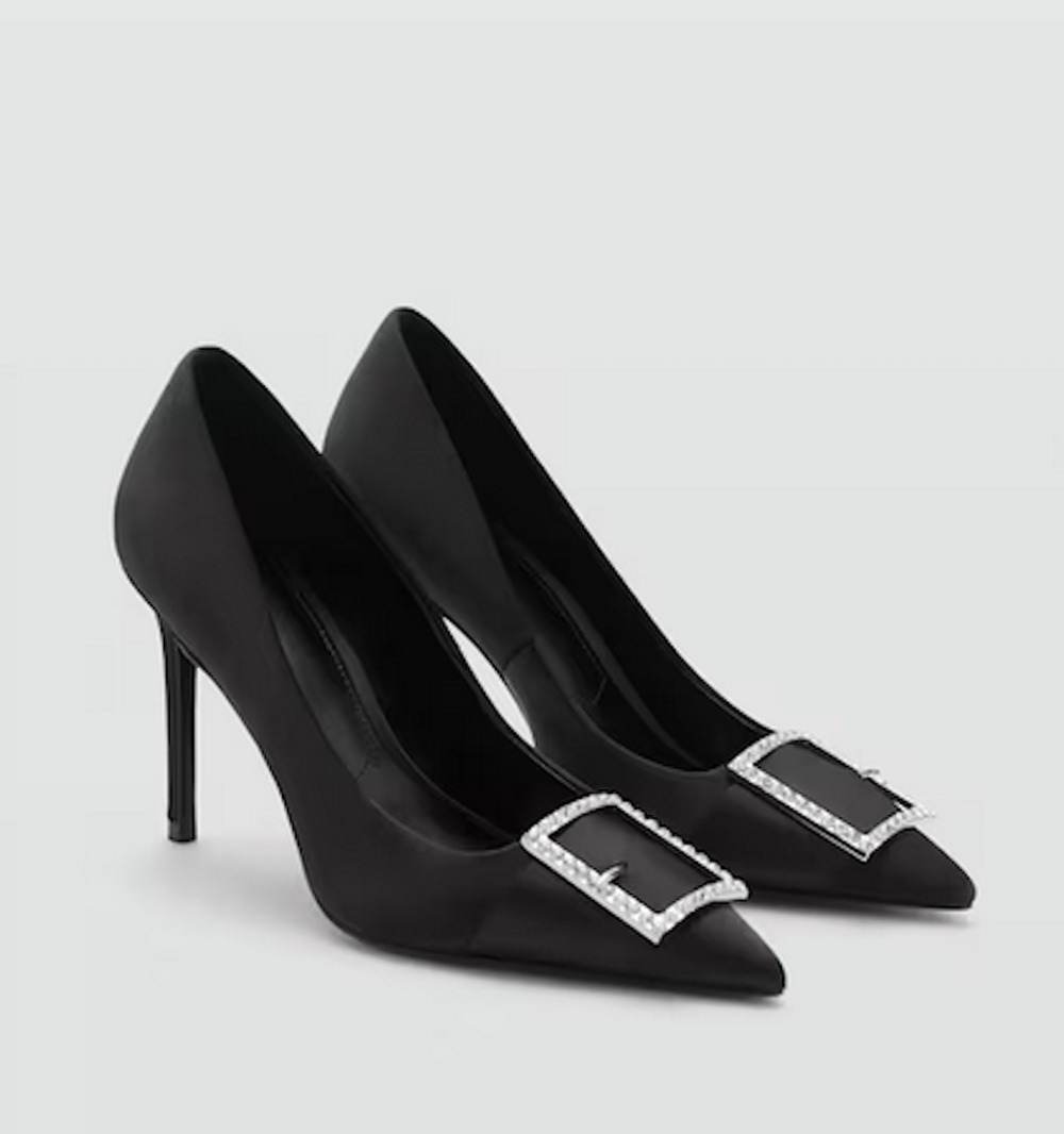 NEW MANGO MNG BLACK RHINESTONE BUCKLE STILETTO HIGH HEELS SHOES SZ 38 7.5